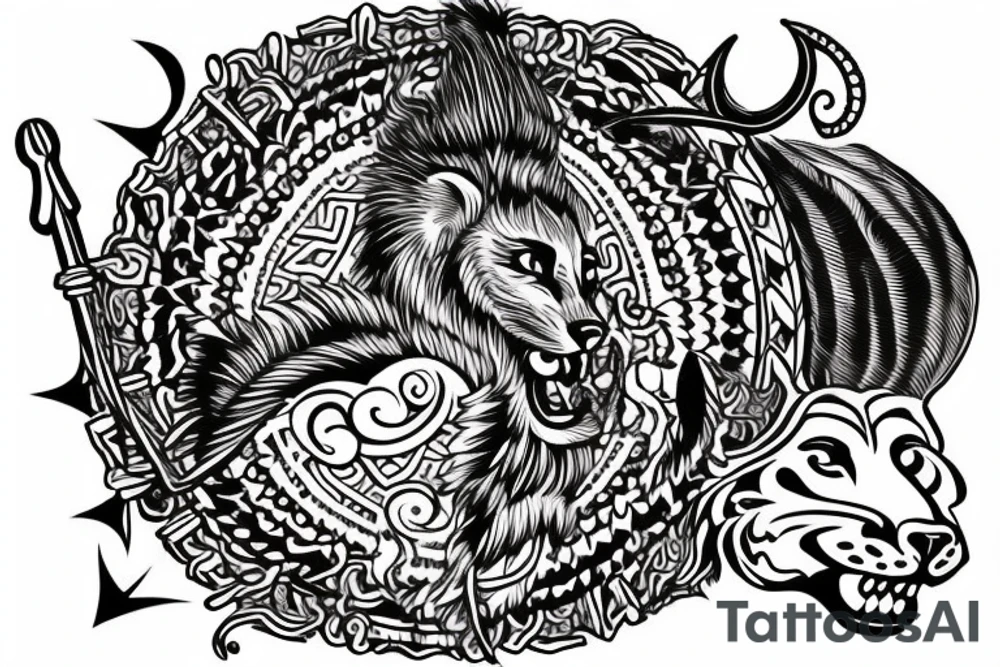 Upper back tattoo. The tattoo is a tribal mesh that includes the following items: fishing Hook, Fox, colon, Lion, Honey bee, Lock and key, Top hat, King’s Crown, crescent moon, anchor, wings. tattoo idea
