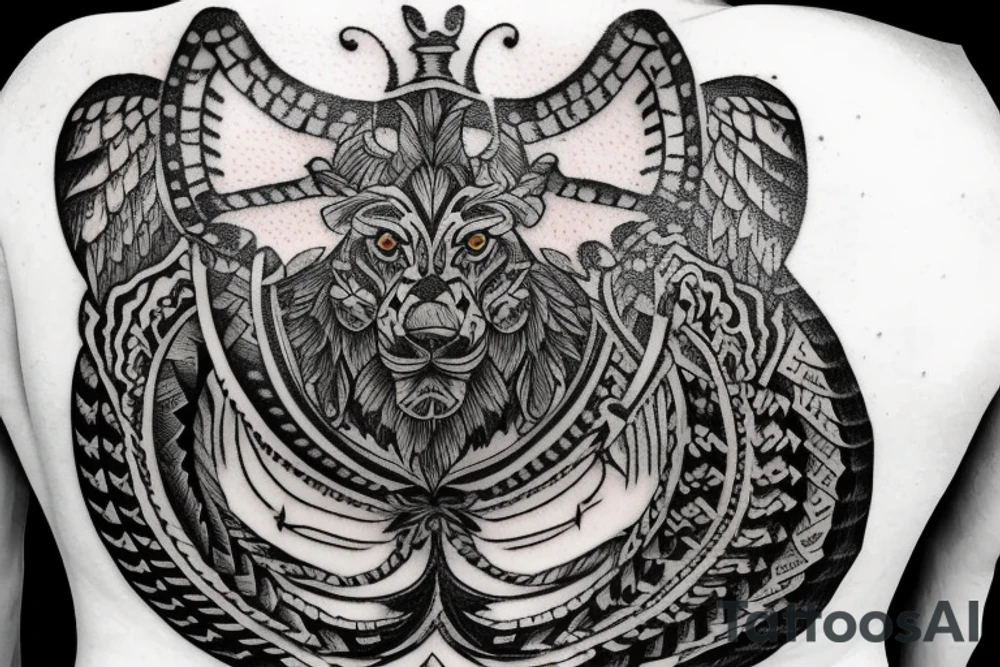 Upper back tattoo. The tattoo is a tribal mesh that includes the following items: fishing Hook, Fox, colon, Lion, Honey bee, Lock and key, Top hat, King’s Crown, crescent moon, anchor, wings. tattoo idea