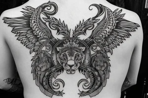 Upper back tattoo. The tattoo is a tribal mesh that includes the following items: fishing Hook, Fox, colon, Lion, Honey bee, Lock and key, Top hat, King’s Crown, crescent moon, anchor, wings. tattoo idea