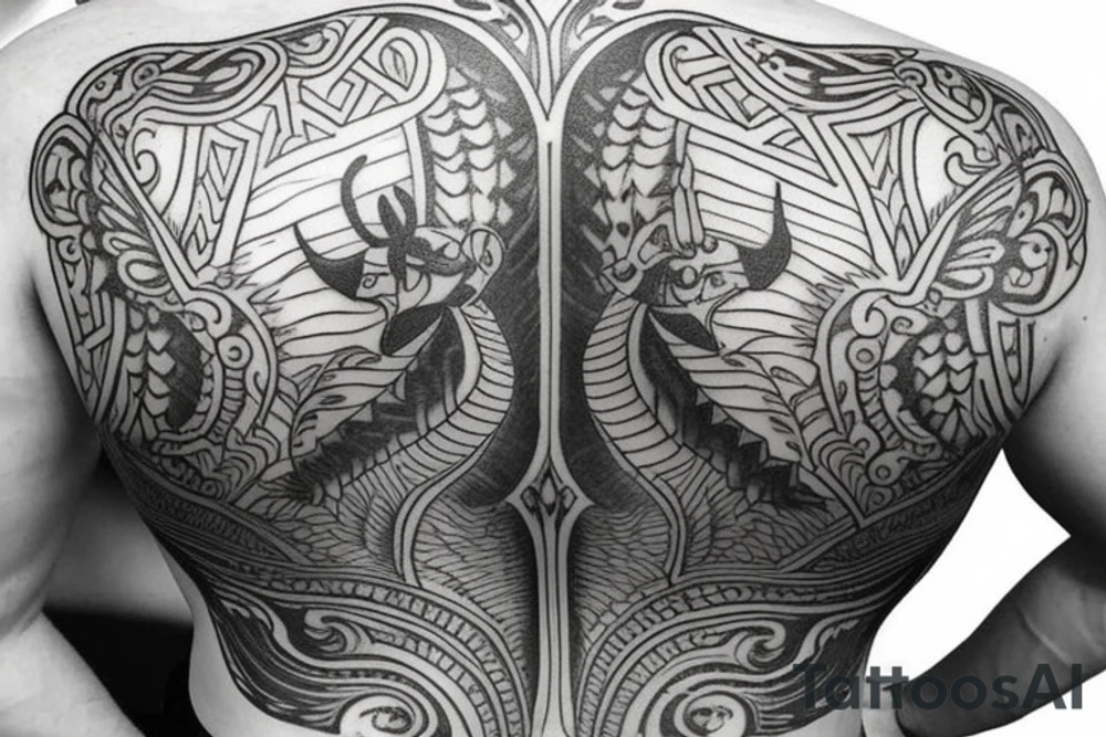 Upper back tattoo. The tattoo is a tribal mesh that includes the following items: fishing Hook, Fox, colon, Lion, Honey bee, Lock and key, Top hat, King’s Crown, crescent moon, anchor, wings. tattoo idea