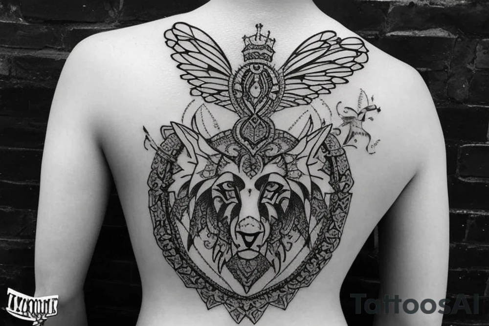 Upper back tattoo. The tattoo is a mesh that includes the following items: fishing Hook, Fox, colon, Lion, Honey bee, Lock and key, Top hat, King’s Crown, crescent moon, anchor, wings. tattoo idea