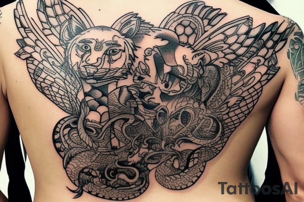 Upper back tattoo. The tattoo is a mesh that includes the following items: fishing Hook, Fox, colon, Lion, Honey bee, Lock and key, Top hat, King’s Crown, crescent moon, anchor, wings. tattoo idea