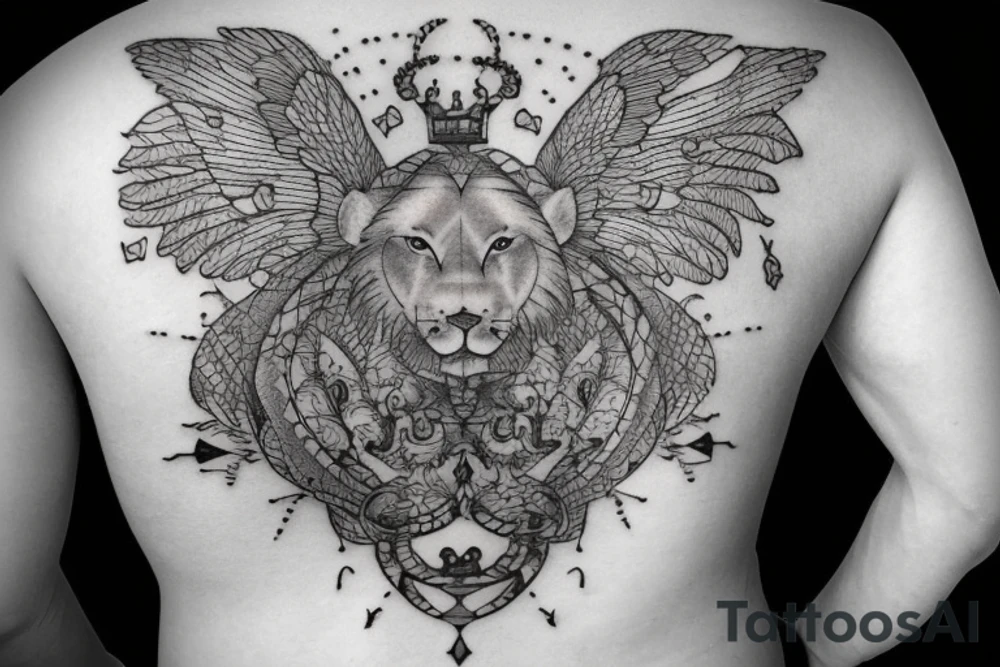 Upper back tattoo. The tattoo is a mesh that includes the following items: fishing Hook, Fox, colon, Lion, Honey bee, Lock and key, Top hat, King’s Crown, crescent moon, anchor, wings. tattoo idea
