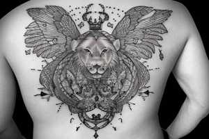 Upper back tattoo. The tattoo is a mesh that includes the following items: fishing Hook, Fox, colon, Lion, Honey bee, Lock and key, Top hat, King’s Crown, crescent moon, anchor, wings. tattoo idea