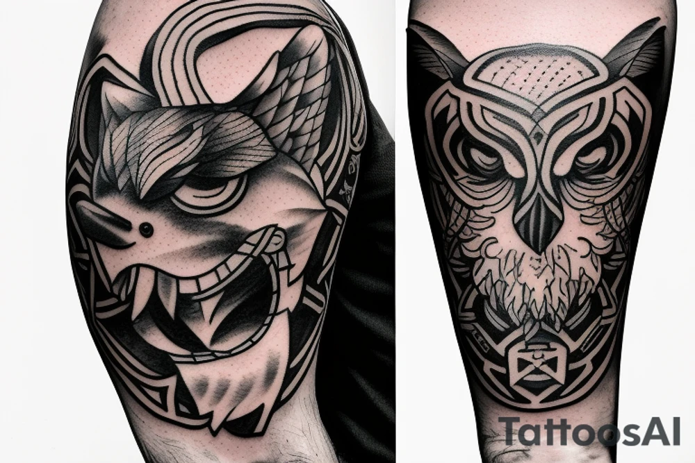 Odin from shoulder to lower bicep then raven around elbow and wolf on from elbow to wrist tattoo idea