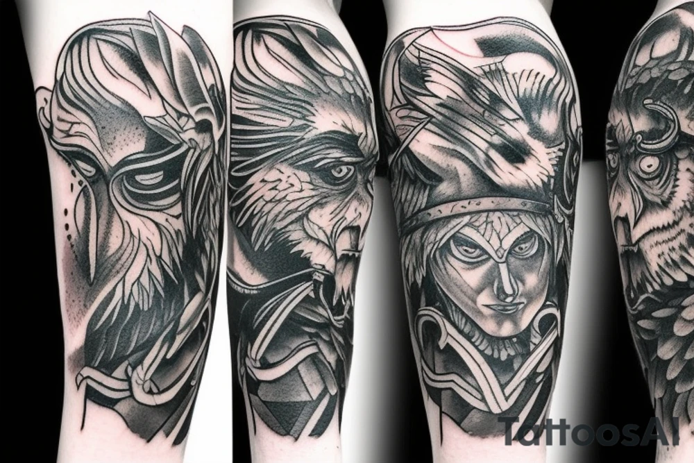 Odin from shoulder to lower bicep then raven around elbow and wolf on from elbow to wrist tattoo idea