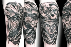 Odin from shoulder to lower bicep then raven around elbow and wolf on from elbow to wrist tattoo idea