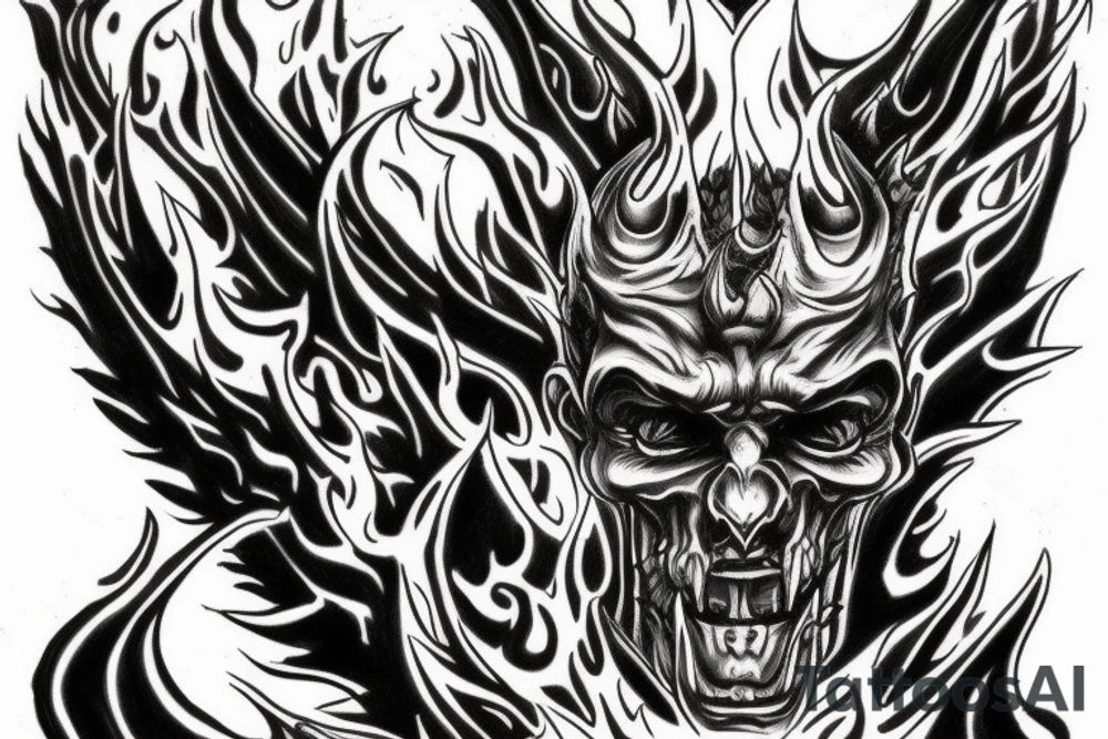 The Devil on a throne engulfed with flames in hell tattoo idea The Devil on a throne engulfed with flames in hell tattoo idea