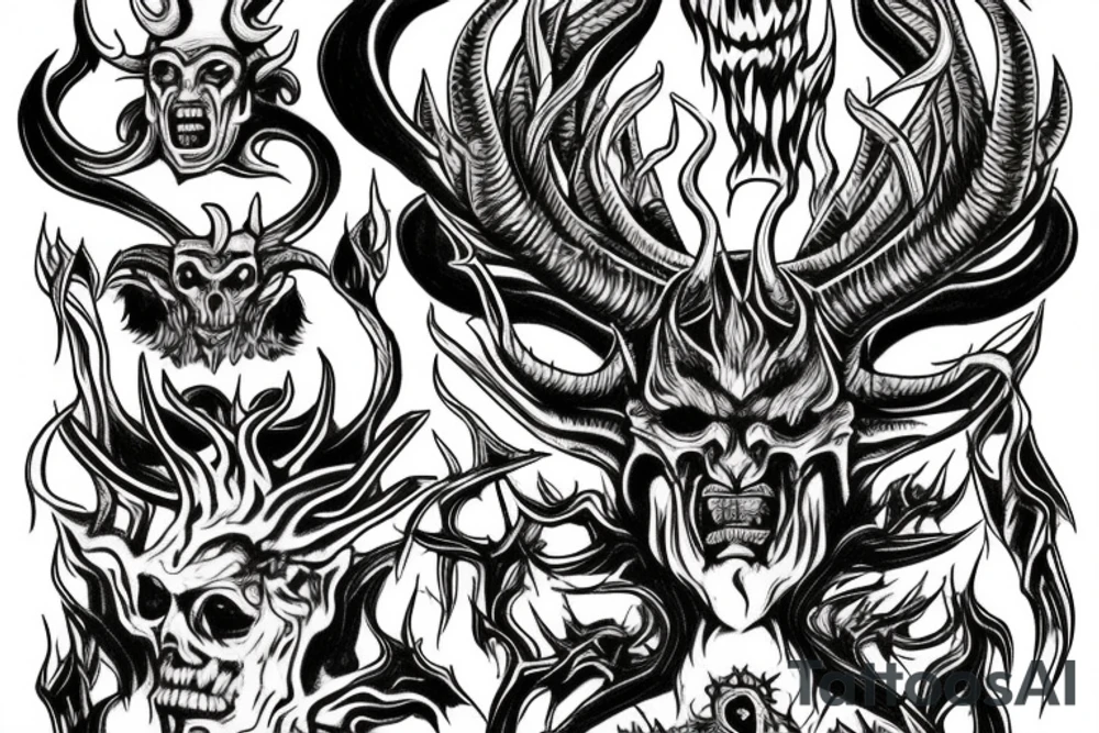 The Devil with horns on a throne engulfed with flames in hell tattoo idea
