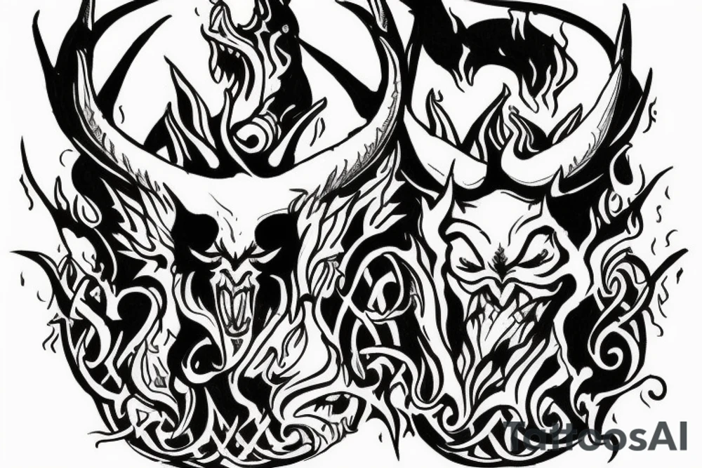 The Devil with horns on a throne engulfed with flames in hell tattoo idea