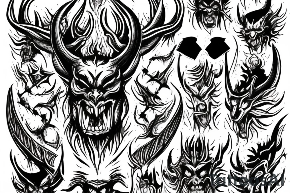 The Devil with horns on a throne engulfed with flames in hell tattoo idea