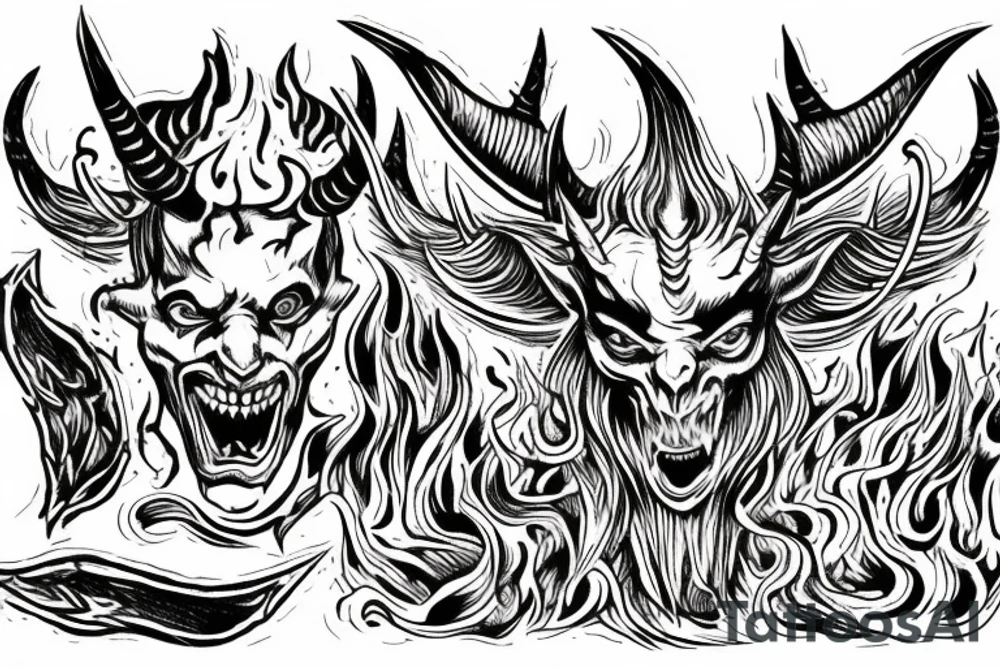 The Devil with horns on a throne engulfed with flames in hell tattoo idea The Devil with horns on a throne engulfed with flames in hell tattoo idea