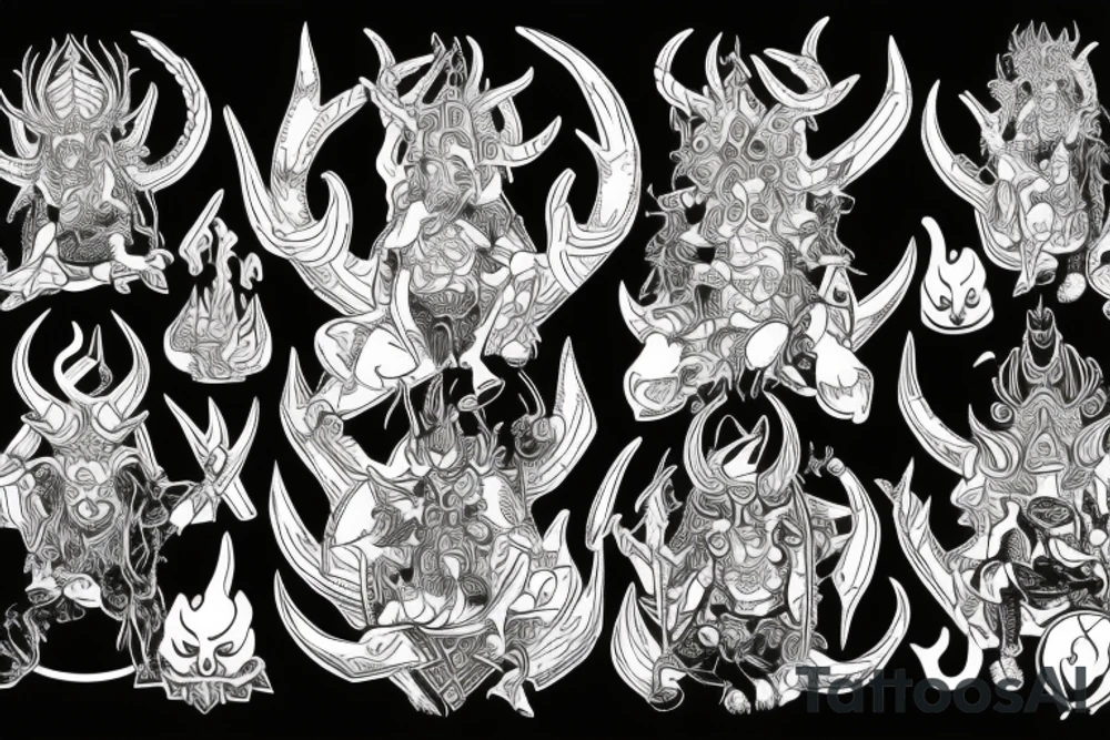 An oni with horns on a throne engulfed with flames in hell tattoo idea