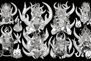 An oni with horns on a throne engulfed with flames in hell tattoo idea