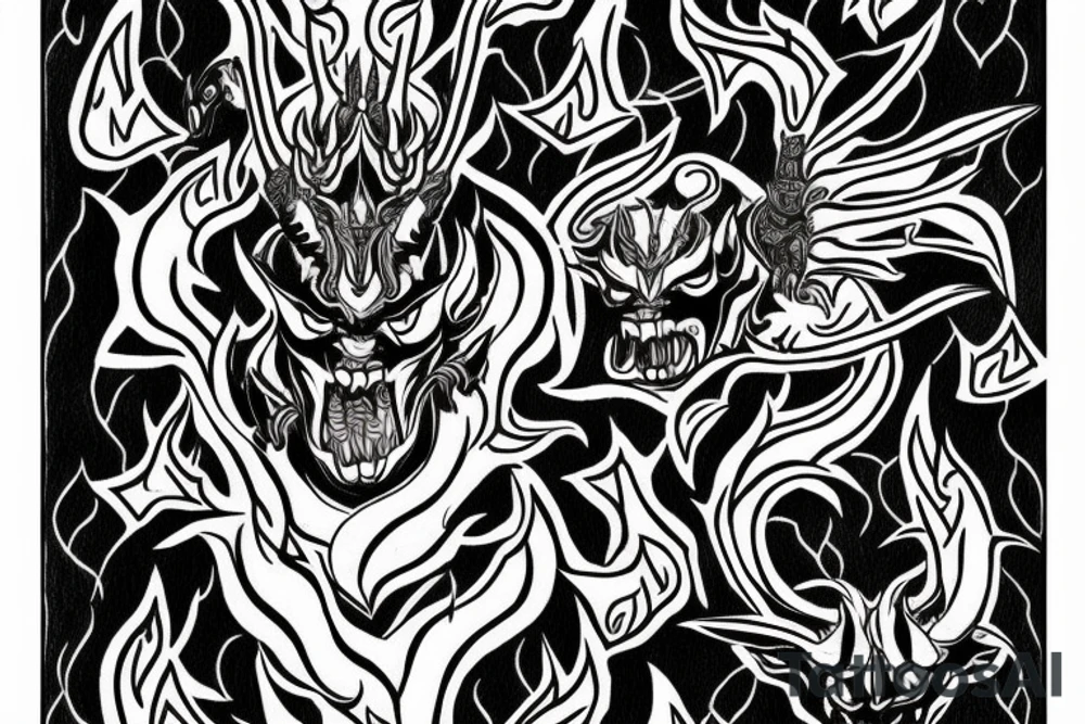 An oni with horns on a throne engulfed with flames in hell tattoo idea An oni with horns on a throne engulfed with flames in hell tattoo idea