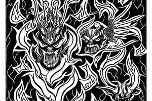 An oni with horns on a throne engulfed with flames in hell tattoo idea