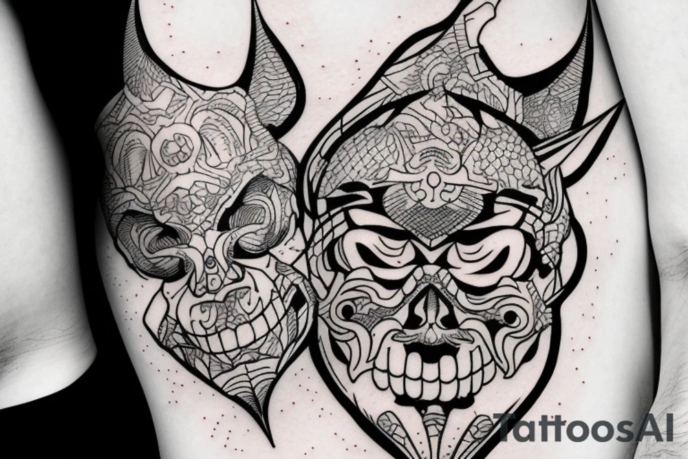 An oni with his mask falling off revealing his skull underneath tattoo idea