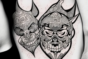An oni with his mask falling off revealing his skull underneath tattoo idea