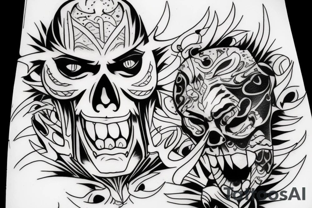 An oni with his mask falling off revealing his skull underneath tattoo idea