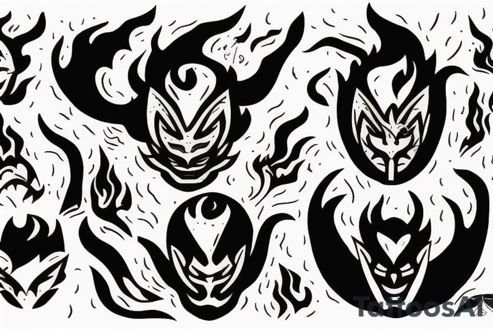 An oni surrounded by flames with his mask broken and falling off tattoo idea An oni surrounded by flames with his mask broken and falling off tattoo idea