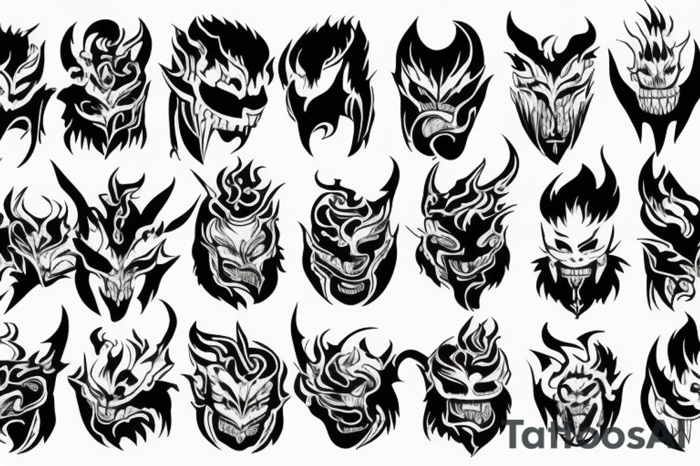 An oni surrounded by flames with his mask broken and falling off tattoo idea