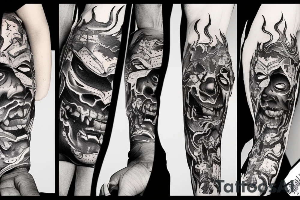 An oni surrounded by flames with his mask broken and falling off tattoo idea