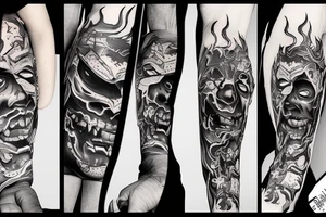 An oni surrounded by flames with his mask broken and falling off tattoo idea