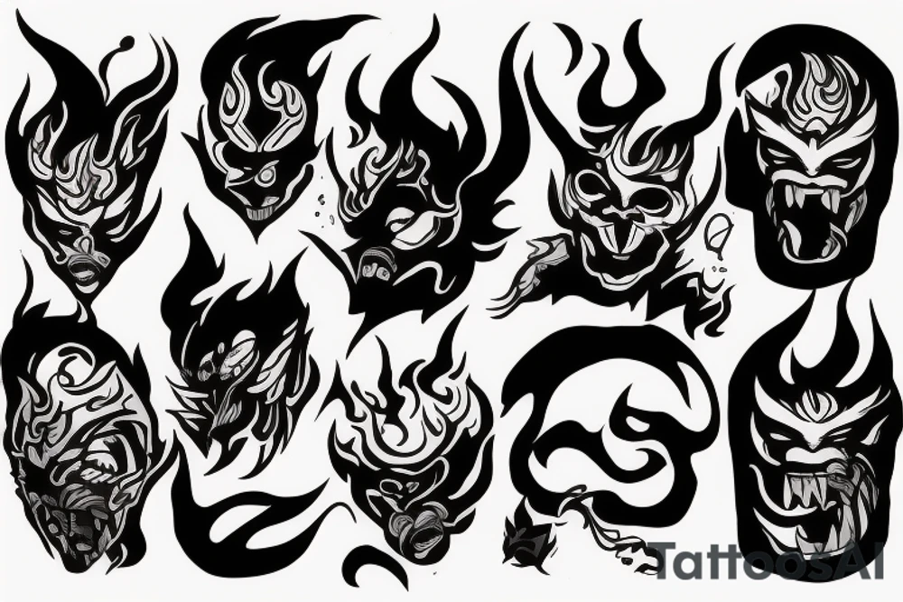 An oni surrounded by flames with his mask broken and falling off tattoo idea