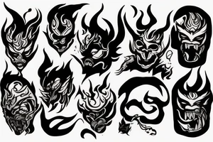 An oni surrounded by flames with his mask broken and falling off tattoo idea