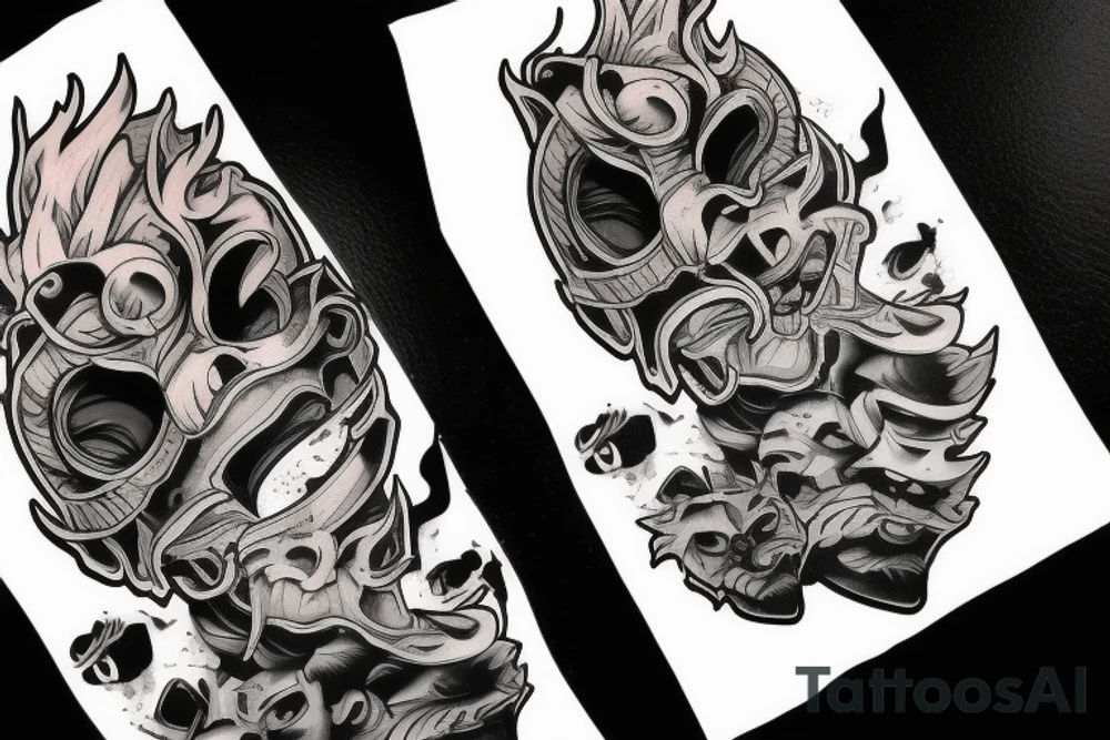 An oni's mask destroyed after a rough battle tattoo idea