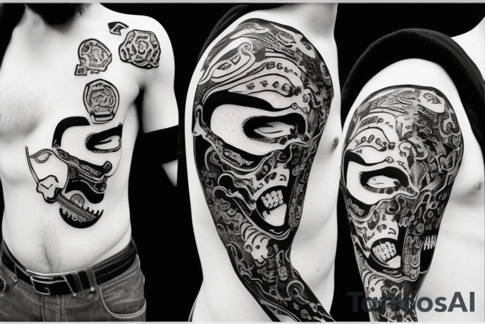 Samurai mask destroyed and bloodied tattoo idea