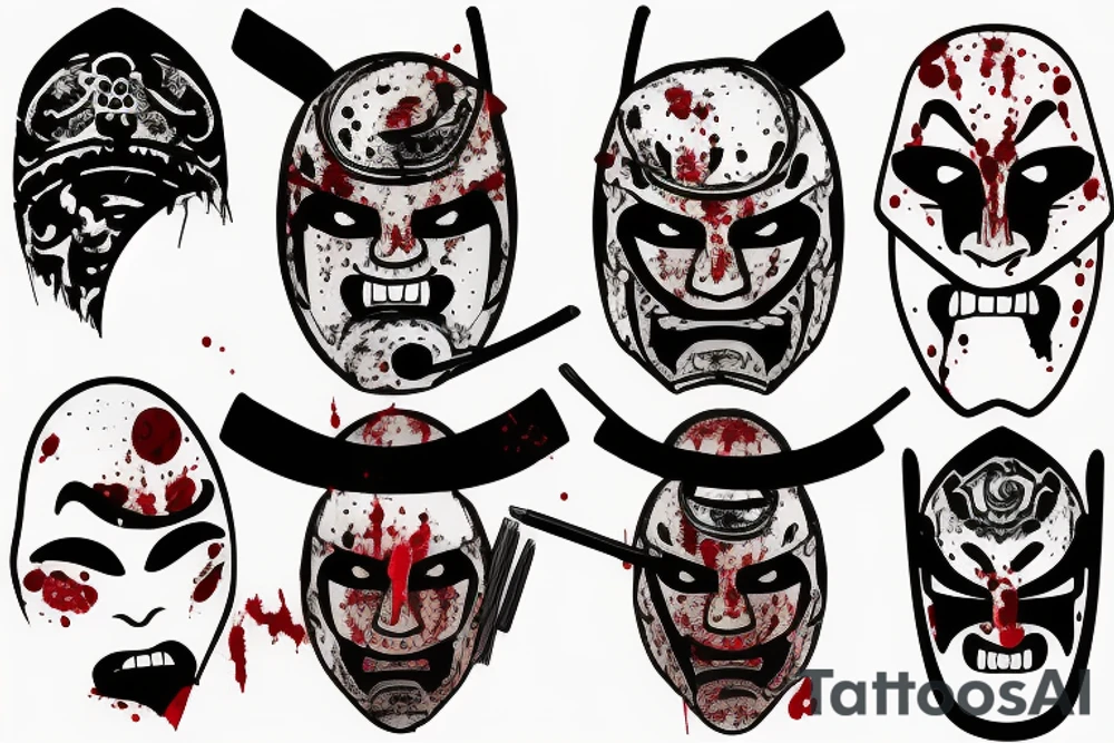 Samurai mask destroyed and bloodied tattoo idea