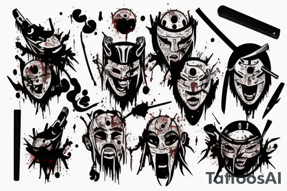 Samurai mask destroyed and bloodied tattoo idea