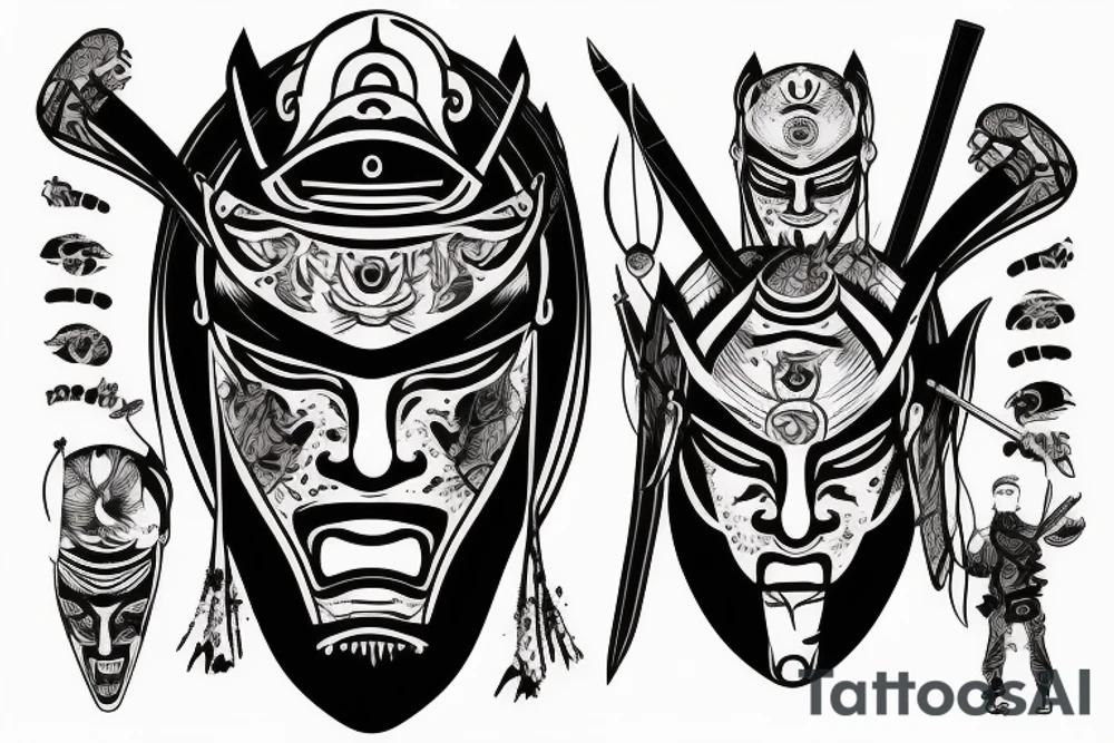 Samurai mask destroyed and bloodied tattoo idea