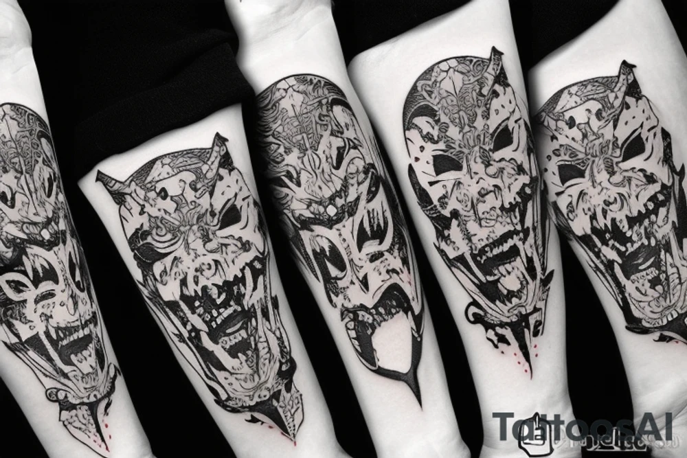Devil Samurai mask destroyed and bloodied tattoo idea