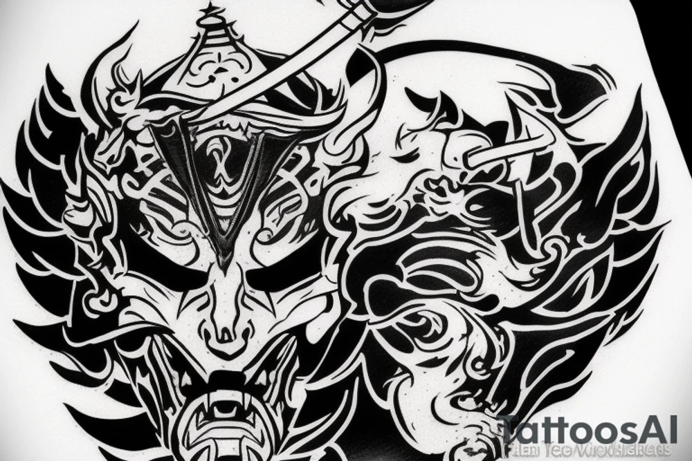 Devil Samurai mask destroyed and bloodied tattoo idea