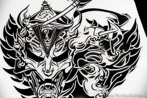 Devil Samurai mask destroyed and bloodied tattoo idea