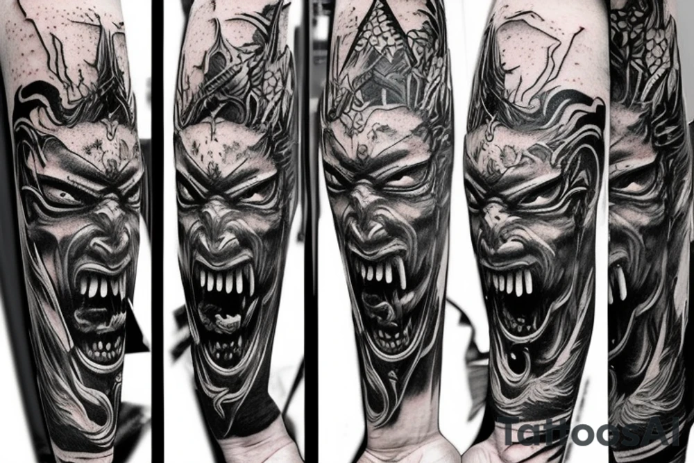 Demon Samurai mask destroyed and bloodied tattoo idea