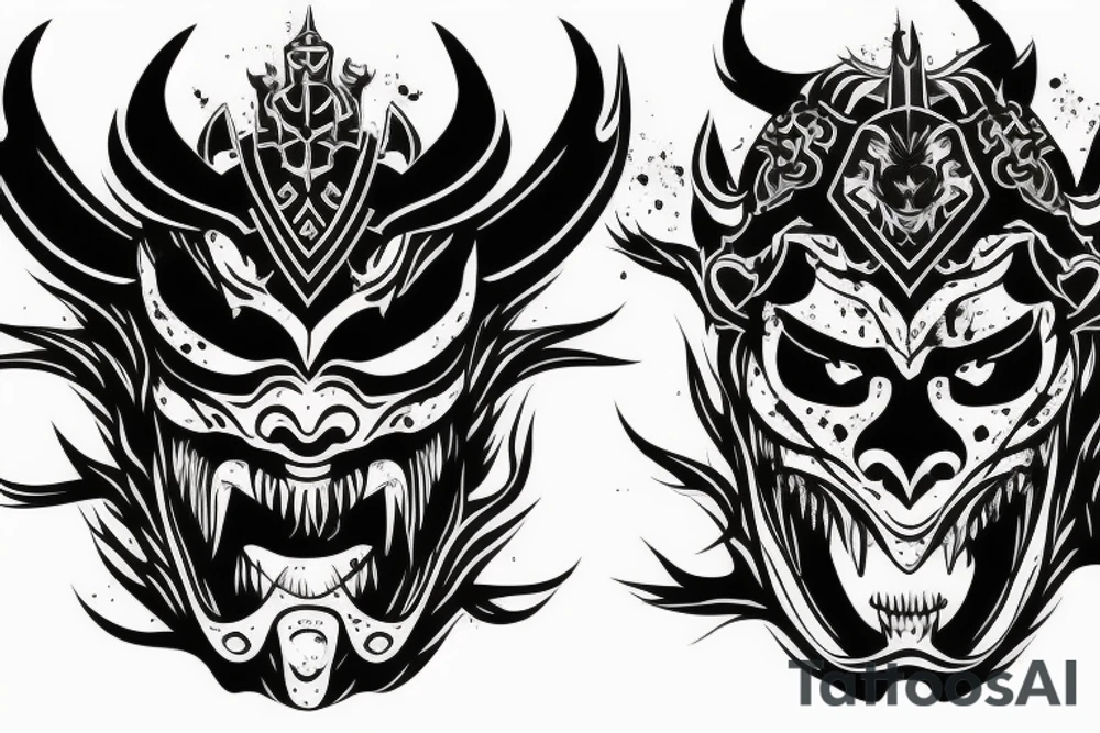 Demon Samurai mask destroyed and bloodied tattoo idea