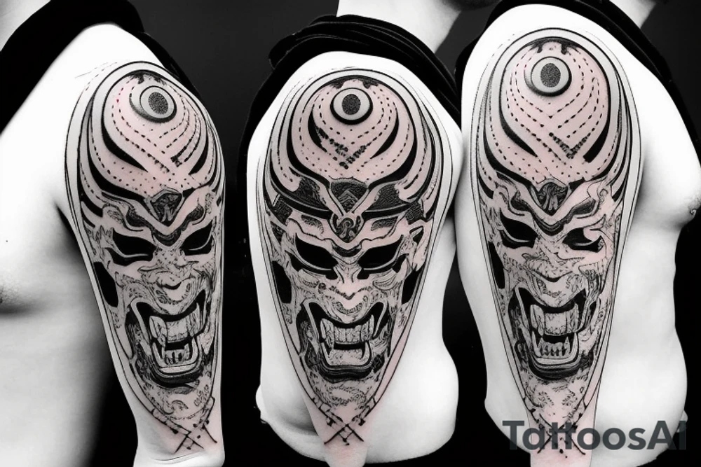Demon Samurai mask destroyed and bloodied tattoo idea