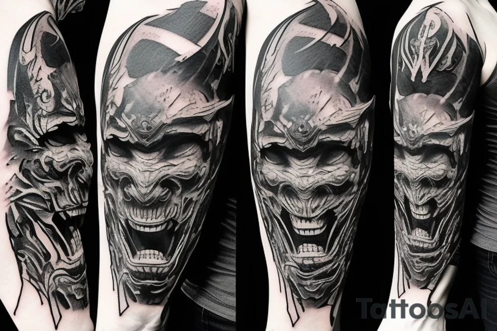 Demon Samurai mask destroyed and bloodied tattoo idea