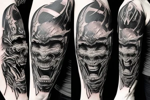 Demon Samurai mask destroyed and bloodied tattoo idea