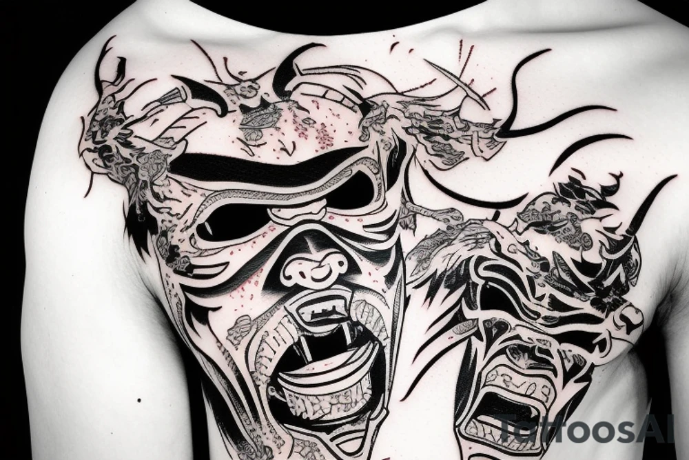 Demon Samurai mask destroyed and bloodied tattoo idea