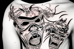 Demon Samurai mask destroyed and bloodied tattoo idea