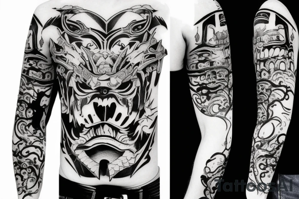 Demon Samurai mask destroyed and bloodied tattoo idea