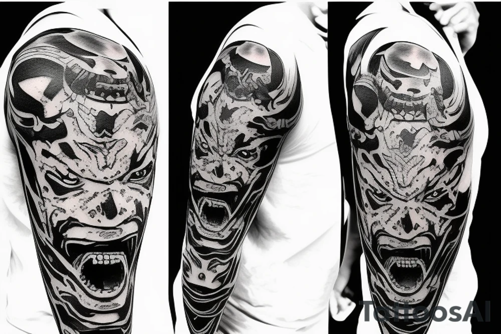 Demon Samurai mask destroyed and bloodied tattoo idea