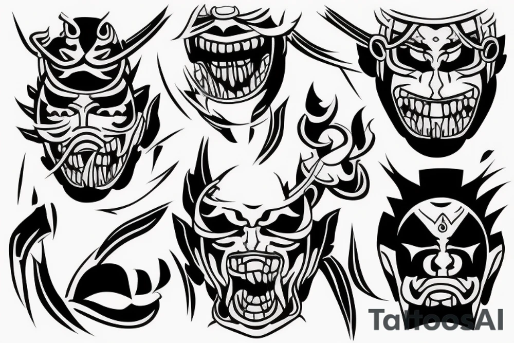 Samurai screaming in pain with his mask destroyed showing his skull underneath tattoo idea
