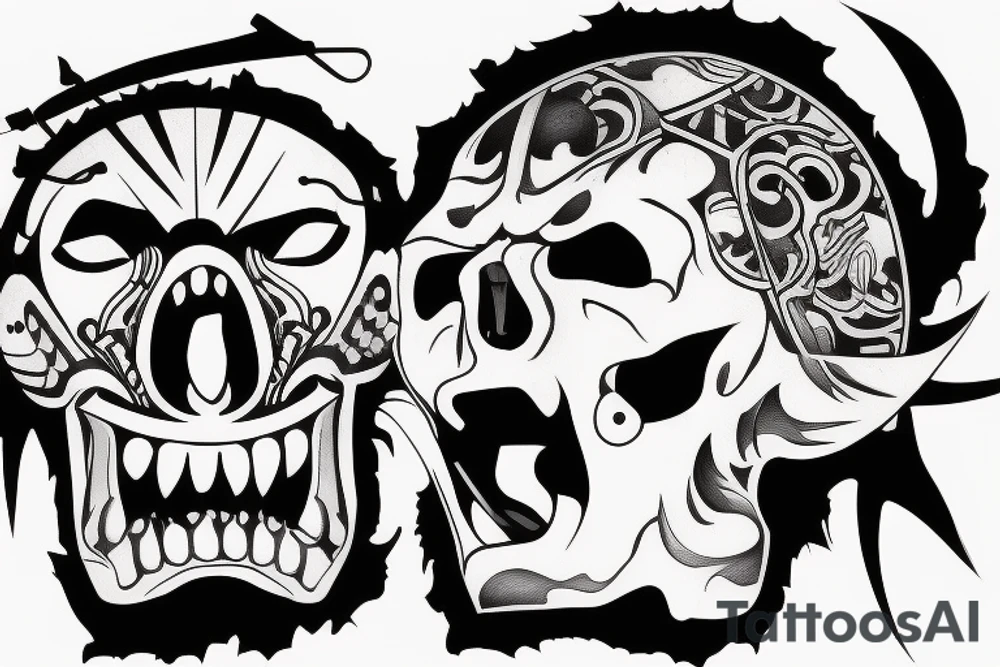 Samurai screaming in pain with his mask destroyed showing his skull underneath tattoo idea