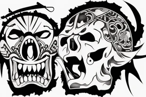 Samurai screaming in pain with his mask destroyed showing his skull underneath tattoo idea
