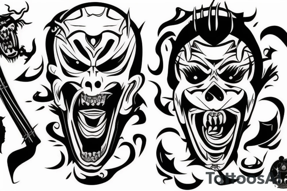 Samurai screaming in pain with his mask destroyed showing his skull underneath tattoo idea